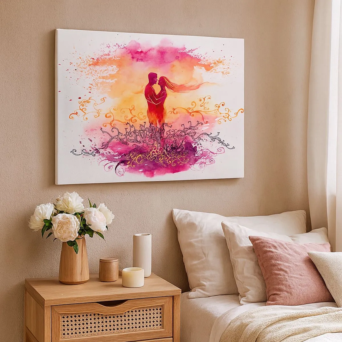 Tablou pe pânză Canvas - Un cuplu îmbrățișat pe un model abstract roz și portocaliu - 70x50cm - De o singură inimă! Am nevoie de atât de puțin.. - Decorațiune modernă pentru perete pentru living și dormitor ARTTOR