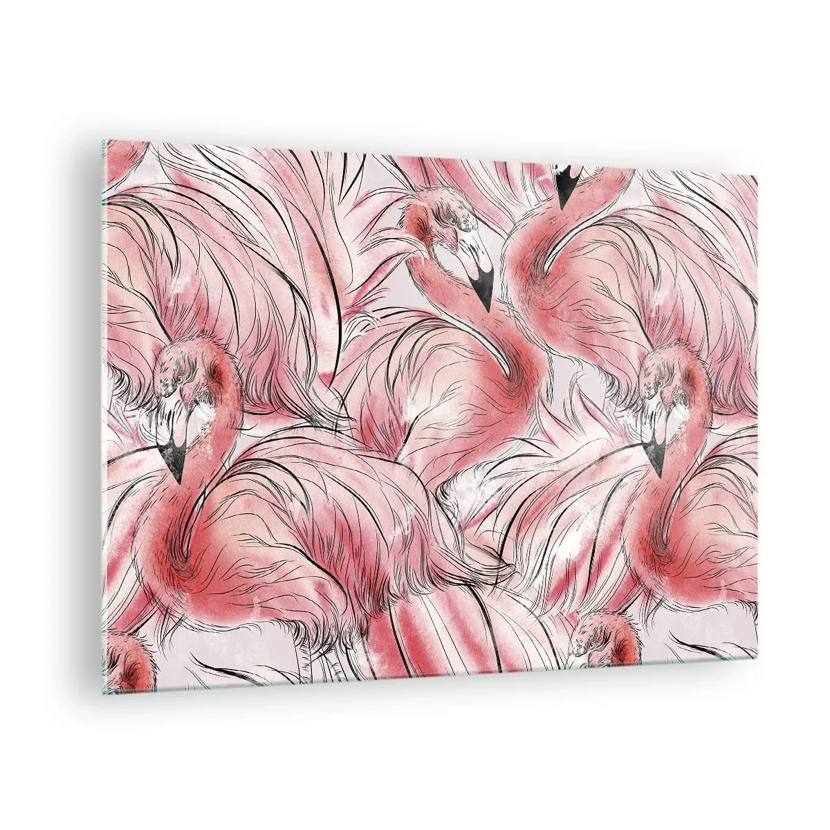 Tablou pe sticlă - Flamingi roz într-un stil decorativ de desene animate - 70x50cm - Corpul de balet al păsărilor - Decorațiune modernă pentru perete pentru living și dormitor ARTTOR