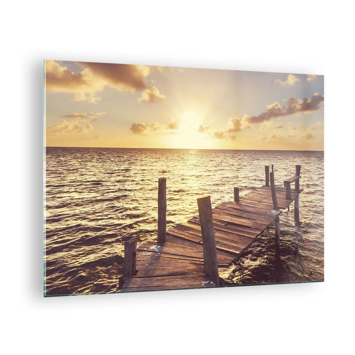 Tablou pe sticlă - Un debarcader din lemn pe fundalul soarelui care apune - 70x50cm - Tărâmul de aur al blândeții - Decorațiune modernă pentru perete pentru living și dormitor ARTTOR