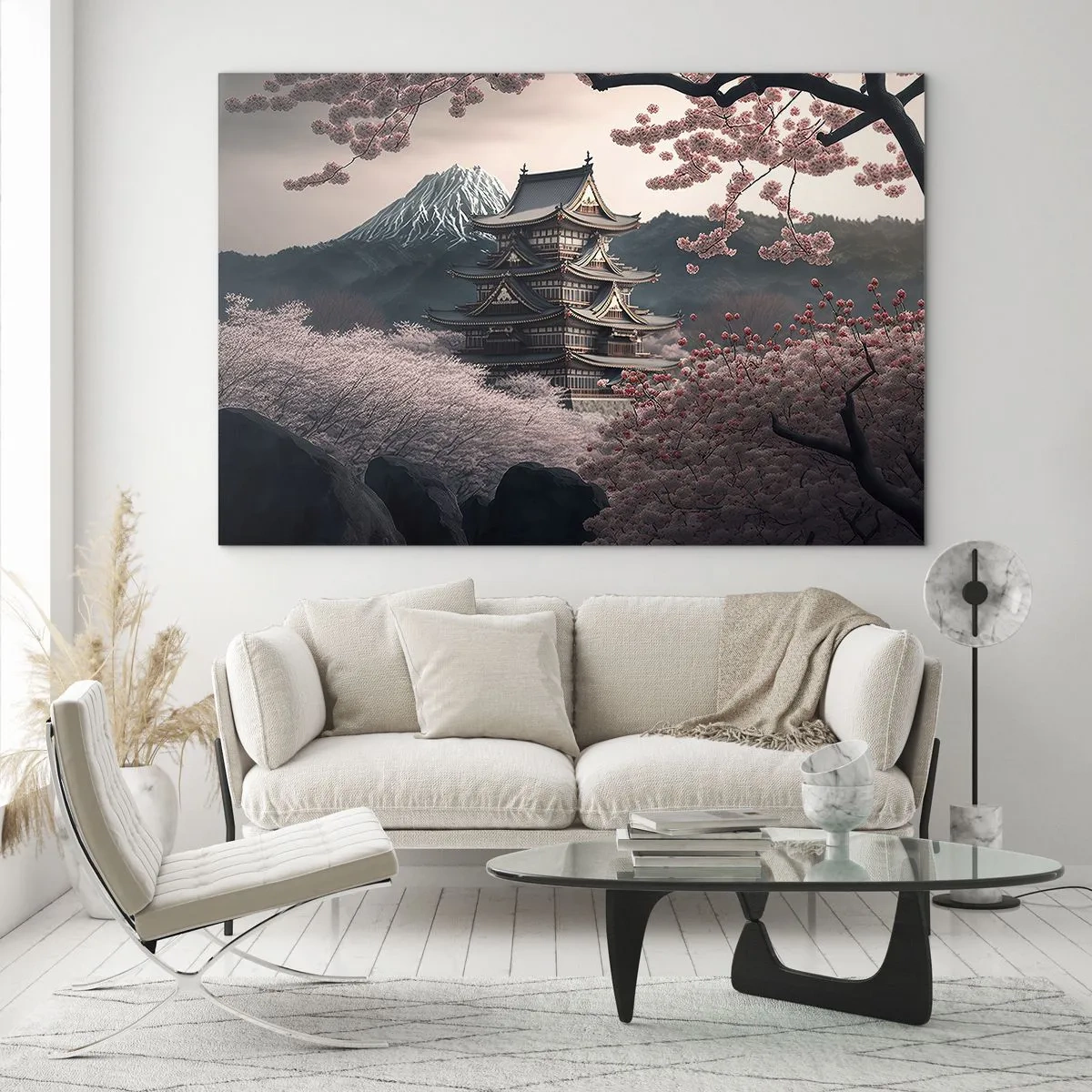 Tablou pe sticlă - O pagodă tradițională japoneză printre flori de cireș și munți - 70x50cm - Țara florilor de cireș - Decorațiune modernă pentru perete pentru living și dormitor ARTTOR