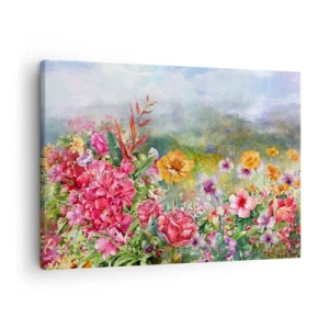 Tablou pe pânză Canvas - O compoziție colorată de flori pe un fundal de peisaj în culori pastelate - 70x50cm - O grădină înnebunită - Decorațiune modernă pentru perete pentru living și dormitor ARTTOR