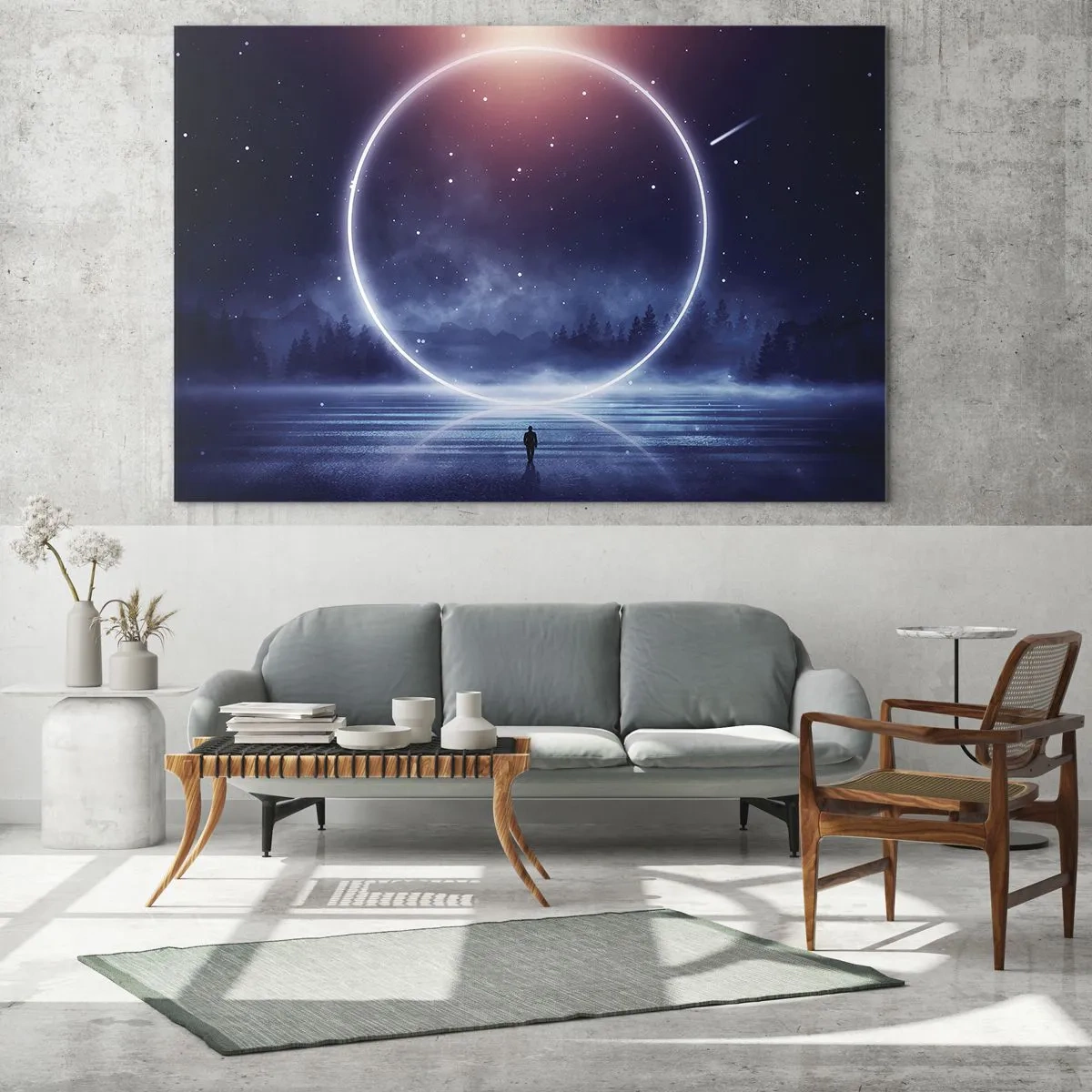 Tablou pe sticlă - Un cerc de lumină deasupra lacului printre cerul nopții și pădure - 70x50cm - Ei sunt deja aici... - Decorațiune modernă pentru perete pentru living și dormitor ARTTOR