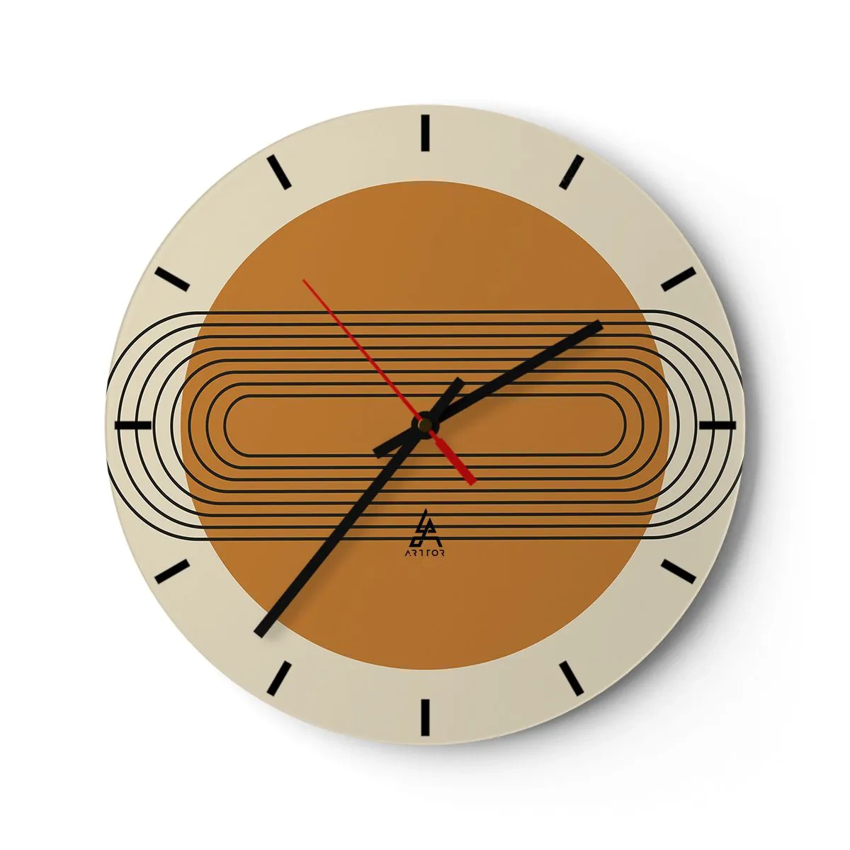 Ceas de perete - Ceas pe sticlă - Compoziție geometrică în nuanțe de bej și portocaliu - 30x30cm - Planul perfect - Decorațiune modernă pentru perete pentru living, bucătărie și dormitor ARTTOR