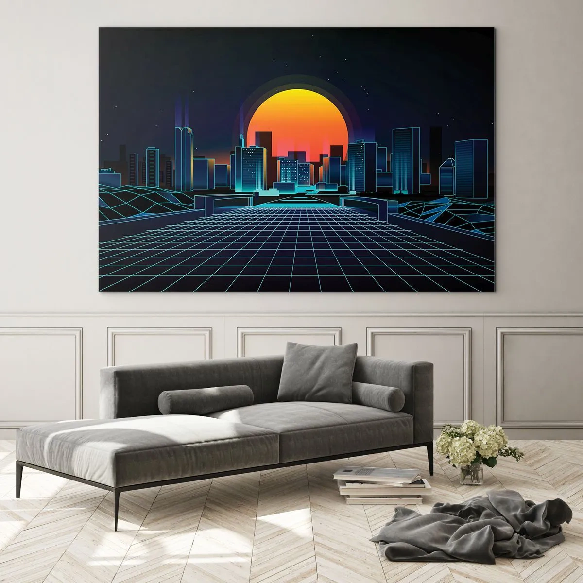 Tablou pe sticlă - Panoramă futuristă a orașului cu apus de soare - 70x50cm - Încă mai vrei să ajungi la lumea reală? - Decorațiune modernă pentru perete pentru living și dormitor ARTTOR