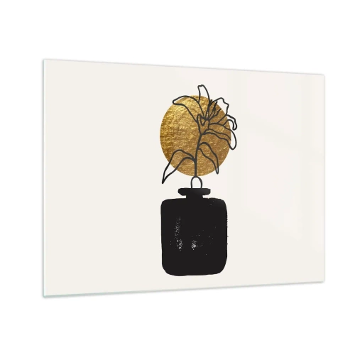 Tablou pe sticlă - Grafică minimalistă cu o floare într-un cerc auriu și o vază neagră - 70x50cm - Cât cântărește aurul? - Decorațiune modernă pentru perete pentru living și dormitor ARTTOR