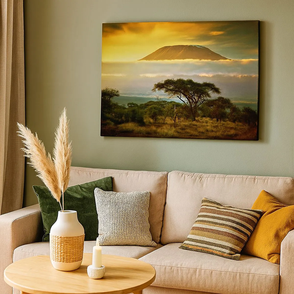 Tablou pe pânză Canvas - Peisaj african cu Kilimanjaro la răsărit - 70x50cm - Visul unui călător - Decorațiune modernă pentru perete pentru living și dormitor ARTTOR