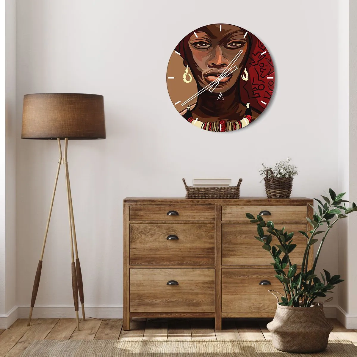 Ceas de perete - Ceas pe sticlă - Portret de femeie în stil african cu accente roșii - 30x30cm - Venus din abanos - Decorațiune modernă pentru perete pentru living, bucătărie și dormitor ARTTOR
