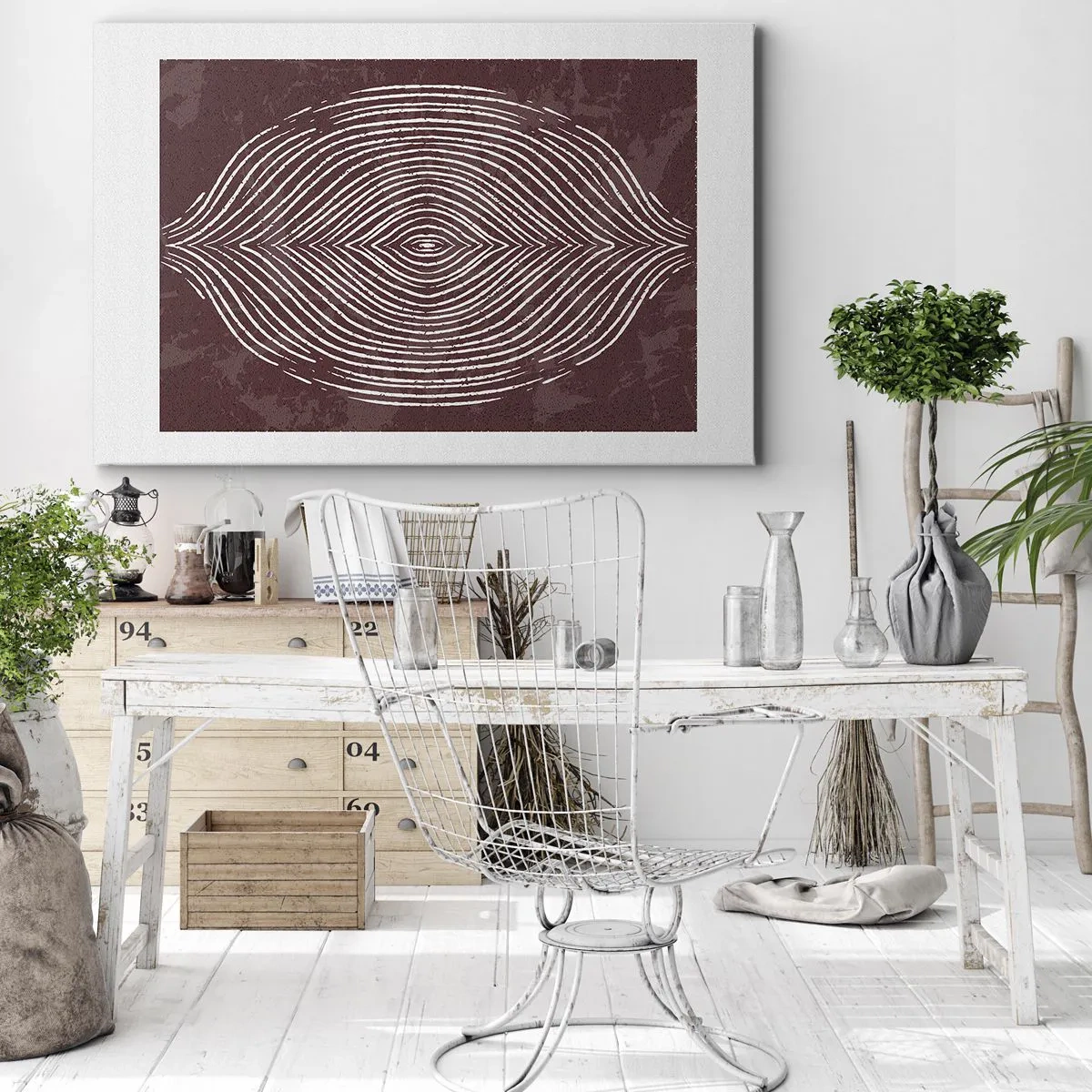 Tablou pe pânză Canvas - Unde simetrice în linii albe pe un fundal maro - 70x50cm - Spațiul vorbește - Decorațiune modernă pentru perete pentru living și dormitor ARTTOR