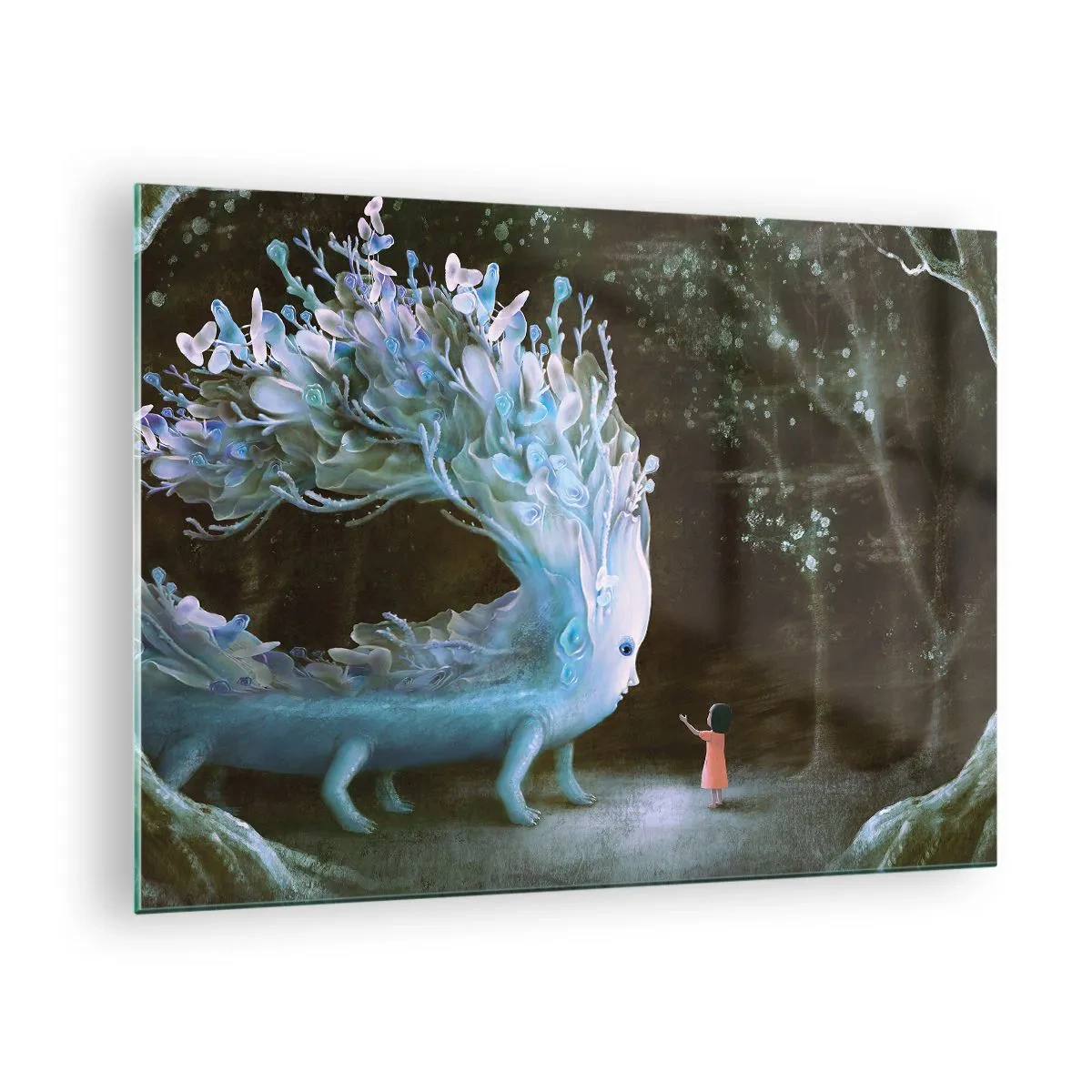 Tablou pe sticlă - O fată întâlnește o creatură magică în pădure. - 70x50cm - Întâlnire fantastică - Decorațiune modernă pentru perete pentru living și dormitor ARTTOR