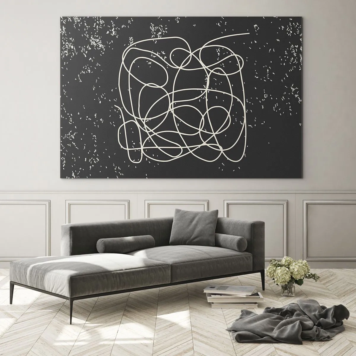 Tablou pe sticlă - Linie abstractă sub formă de încurcătură pe un fundal negru texturat - 70x50cm - Gânduri rătăcitoare - Decorațiune modernă pentru perete pentru living și dormitor ARTTOR