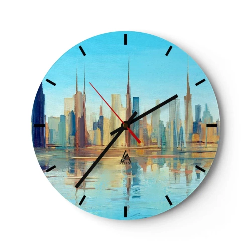 Ceas de perete - Ceas pe sticlă - Panorama orașului reflectată în apă în tonuri strălucitoare - 30x30cm - Metropola însorită - Decorațiune modernă pentru perete pentru living, bucătărie și dormitor ARTTOR