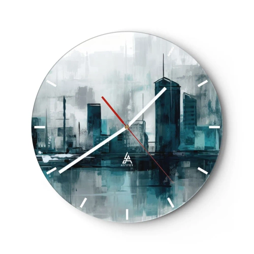 Ceas de perete - Ceas pe sticlă - O panoramă a orașului într-un stil pictural cu tonuri reci - 30x30cm - Un oraș de culoarea ploii - Decorațiune modernă pentru perete pentru living, bucătărie și dormitor ARTTOR