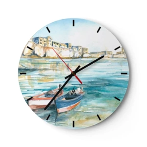 Ceas de perete - Ceas pe sticlă - O vedere în acuarelă a bărcilor pe țărm cu clădiri în fundal. - 30x30cm - Peisaj în azur - Decorațiune modernă pentru perete pentru living, bucătărie și dormitor ARTTOR