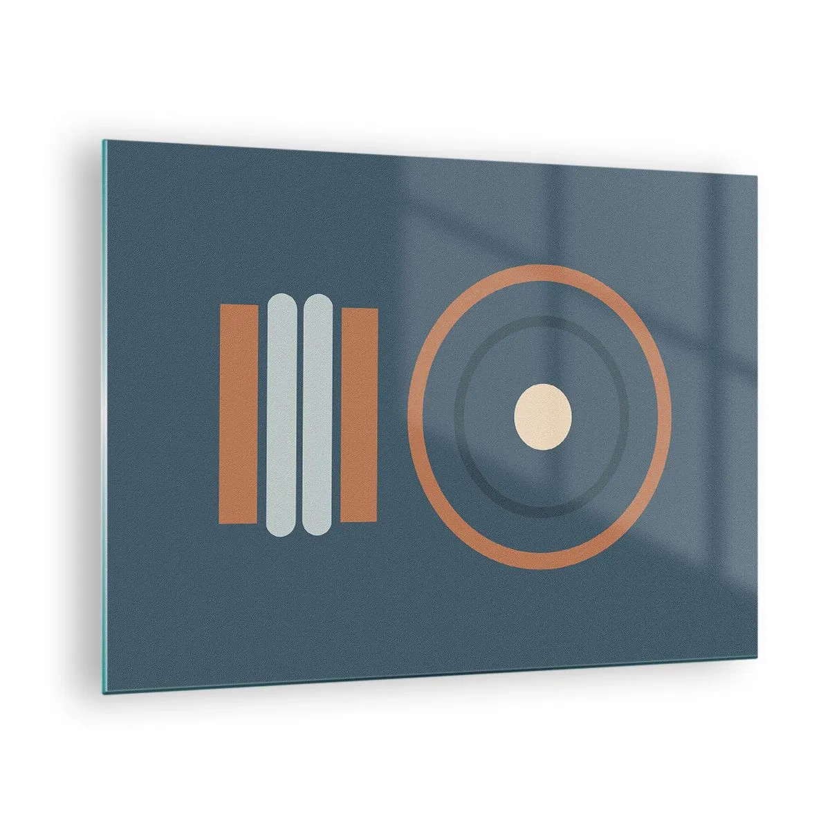 Tablou pe sticlă - Forme geometrice abstracte în culori estompate, cu cercuri și linii - 70x50cm - Esența problemei - Decorațiune modernă pentru perete pentru living și dormitor ARTTOR