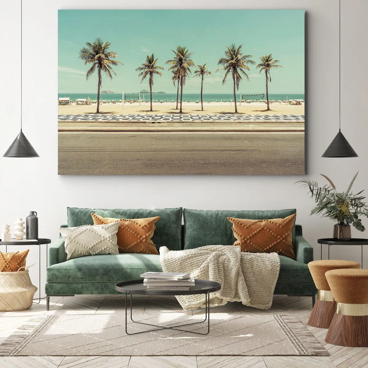 Tablou pe pânză Canvas - Palmieri pe plajă cu vedere la mare și cer albastru - 70x50cm - La paza plajei - Decorațiune modernă pentru perete pentru living și dormitor ARTTOR