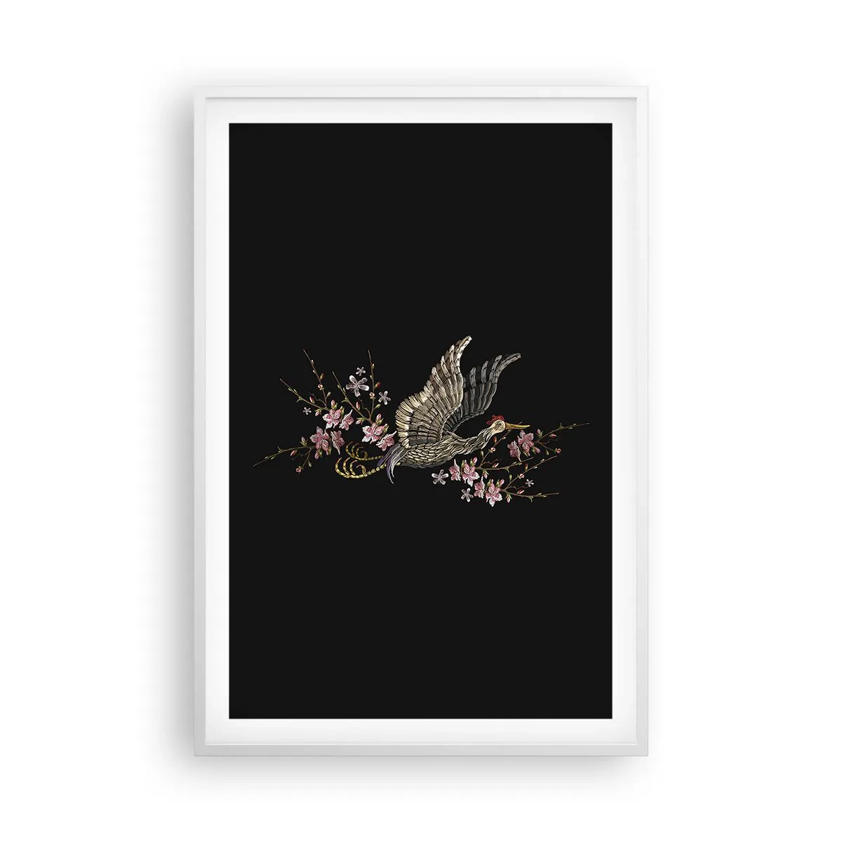 Poster în ramă albă - Pasăre exotică brodată - 61x91 cm