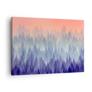 Tablou pe pânză Canvas - O pădure învăluită în ceață în nuanțe de violet și portocaliu - 70x50cm - Sus, mai sus, spre cer - Decorațiune modernă pentru perete pentru living și dormitor ARTTOR