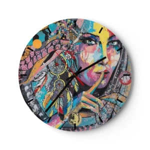 Ceas de perete - Ceas pe sticlă - Față colorată cu pene și model geometric - 30x30cm - Taci până când înțelegi - Decorațiune modernă pentru perete pentru living, bucătărie și dormitor ARTTOR