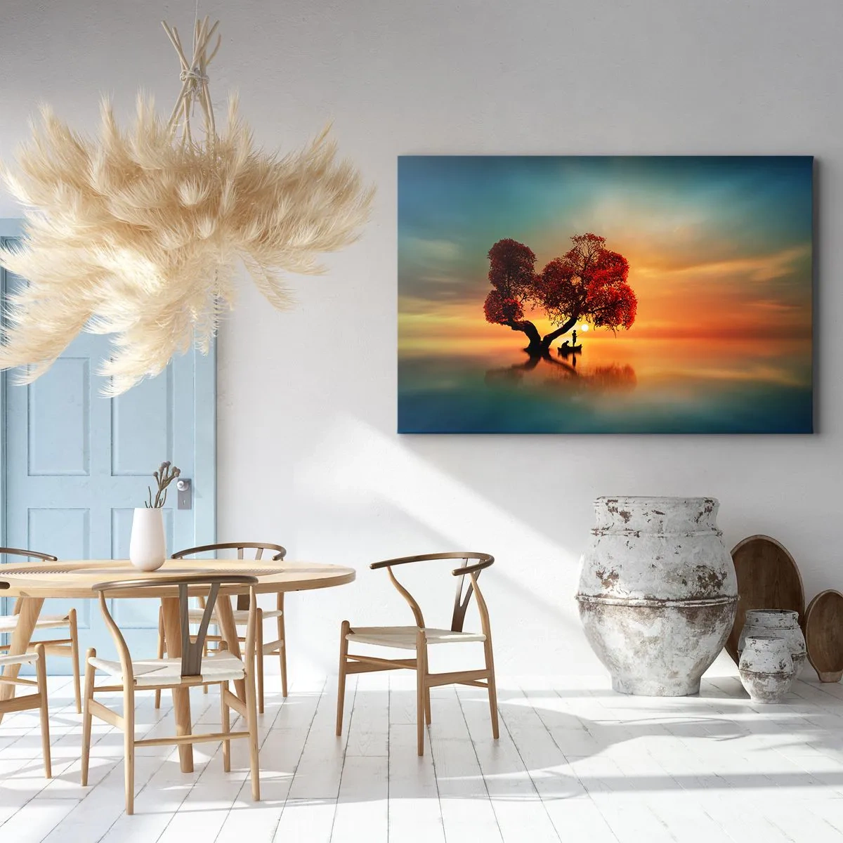 Tablou pe pânză Canvas - Un copac cu frunze roșii și o barcă pe apă la apus - 70x50cm - Lume îndepărtată și tăcută - Decorațiune modernă pentru perete pentru living și dormitor ARTTOR