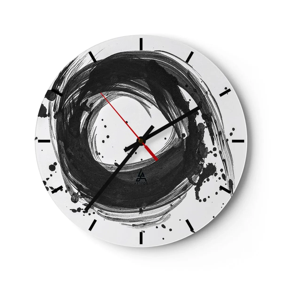 Ceas de perete - Ceas pe sticlă - Cerc abstract format din tușe negre de pensulă - 30x30cm - Vortexul creației - Decorațiune modernă pentru perete pentru living, bucătărie și dormitor ARTTOR