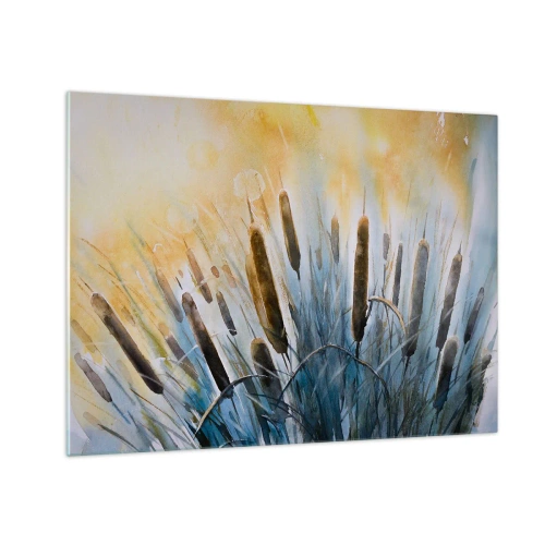 Tablou pe sticlă - Papura pictată pe un cer însorit - 70x50cm - Răcoarea apei, căldura soarelui - Decorațiune modernă pentru perete pentru living și dormitor ARTTOR