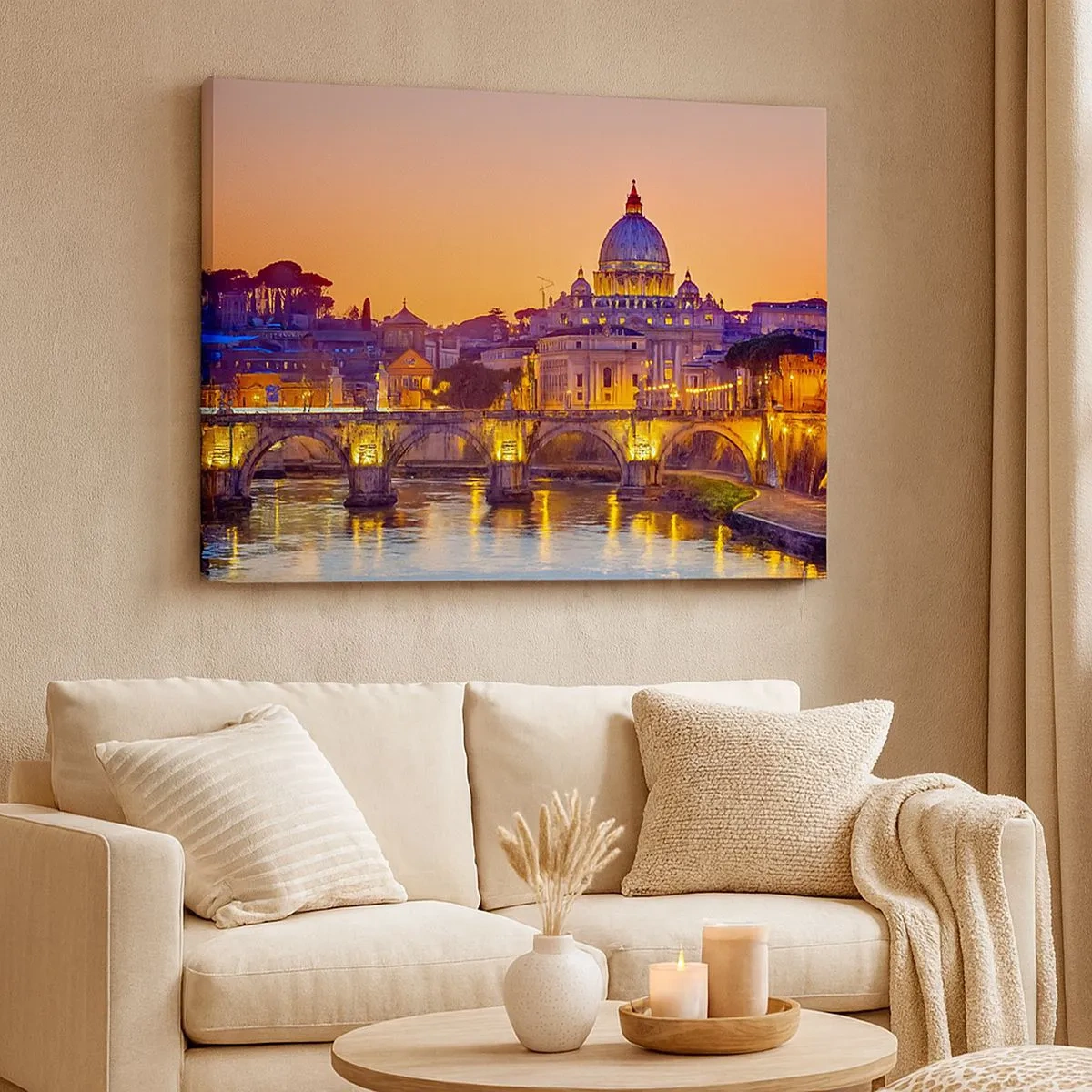 Tablou pe pânză Canvas - Panoramă a Vaticanului la apus, cu un pod peste râu - 70x50cm - Amurg deasupra Orașului Etern - Decorațiune modernă pentru perete pentru living și dormitor ARTTOR