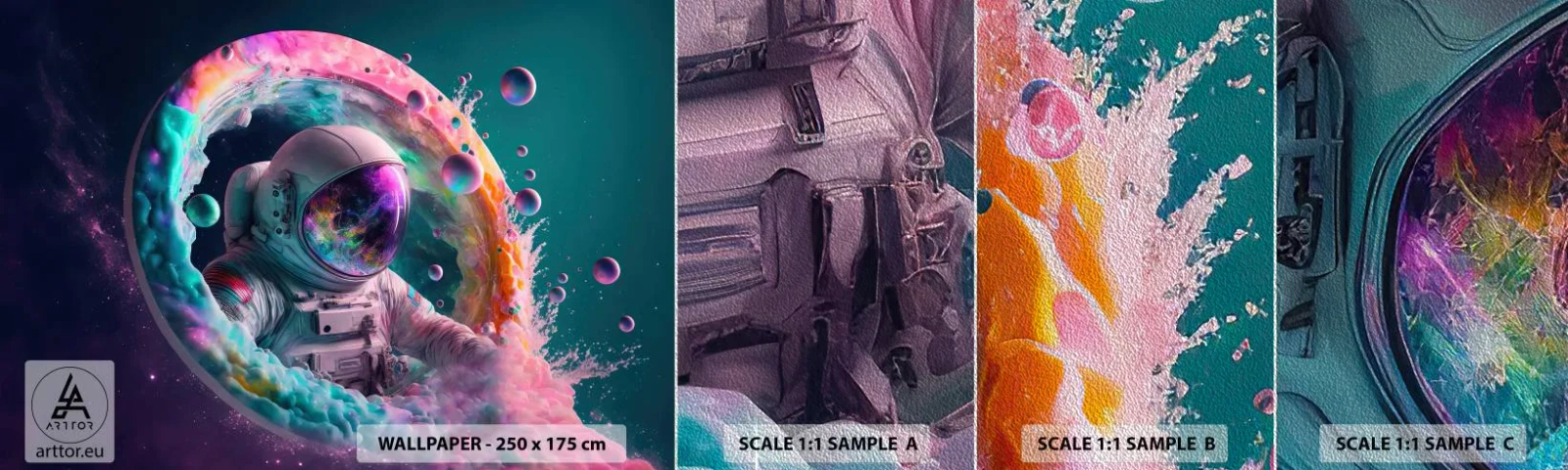 Mostră tapet Premium Sand - Poarta stelară - Astronaut, Galaxie, futurist - 100x30 cm