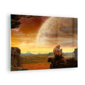 Tablou pe sticlă - Maimuțe așezate pe o stâncă cu o lună uriașă în fundal - 70x50cm - Iubirea peste tot la fel - Decorațiune modernă pentru perete pentru living și dormitor ARTTOR