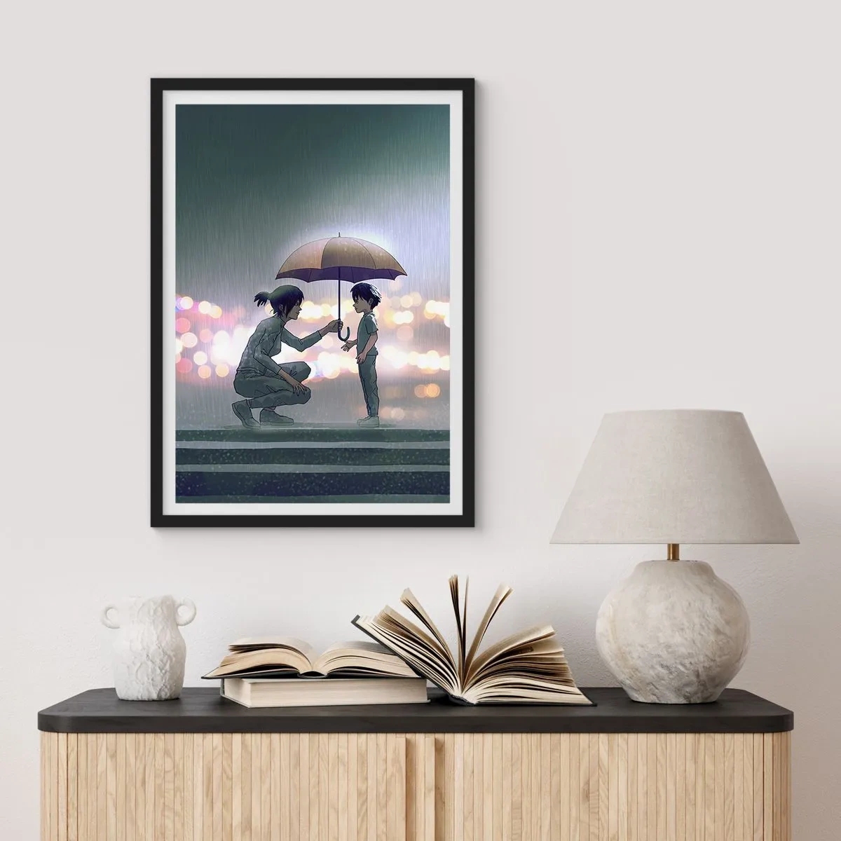 Poster în ramă neagră - Un adult înmânând o umbrelă unui copil pe un fundal ploios - 50x70cm - Și totul este bine acum - Decorațiune modernă pentru perete pentru living și dormitor ARTTOR