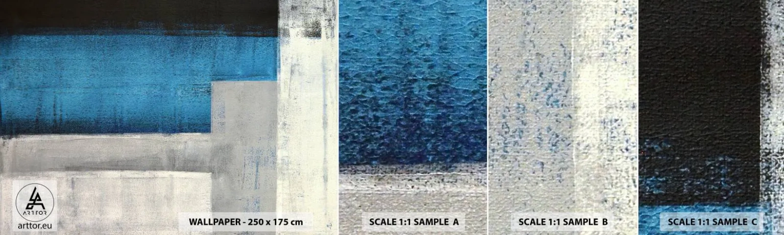 Mostră tapet autocolant Deluxe Sticker - Compoziție poetică de gri și albastru - Abstracția, Bucată, Pictura - 100x30 cm