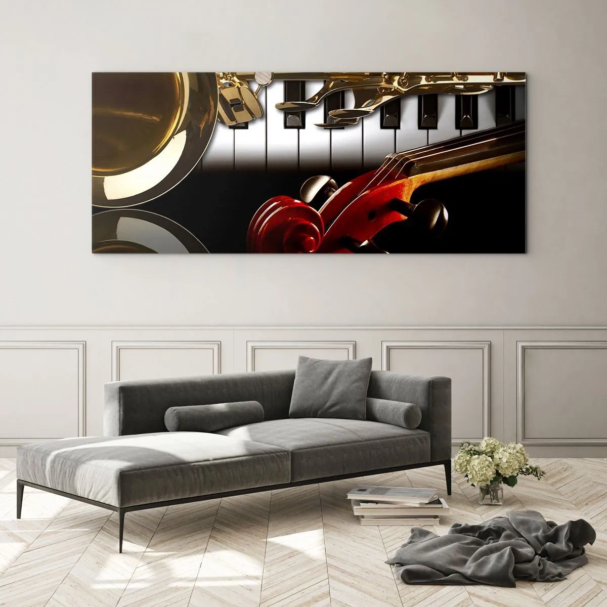 Tablou pe sticlă - Tablă, lemn și fildeș - 90x30 cm
