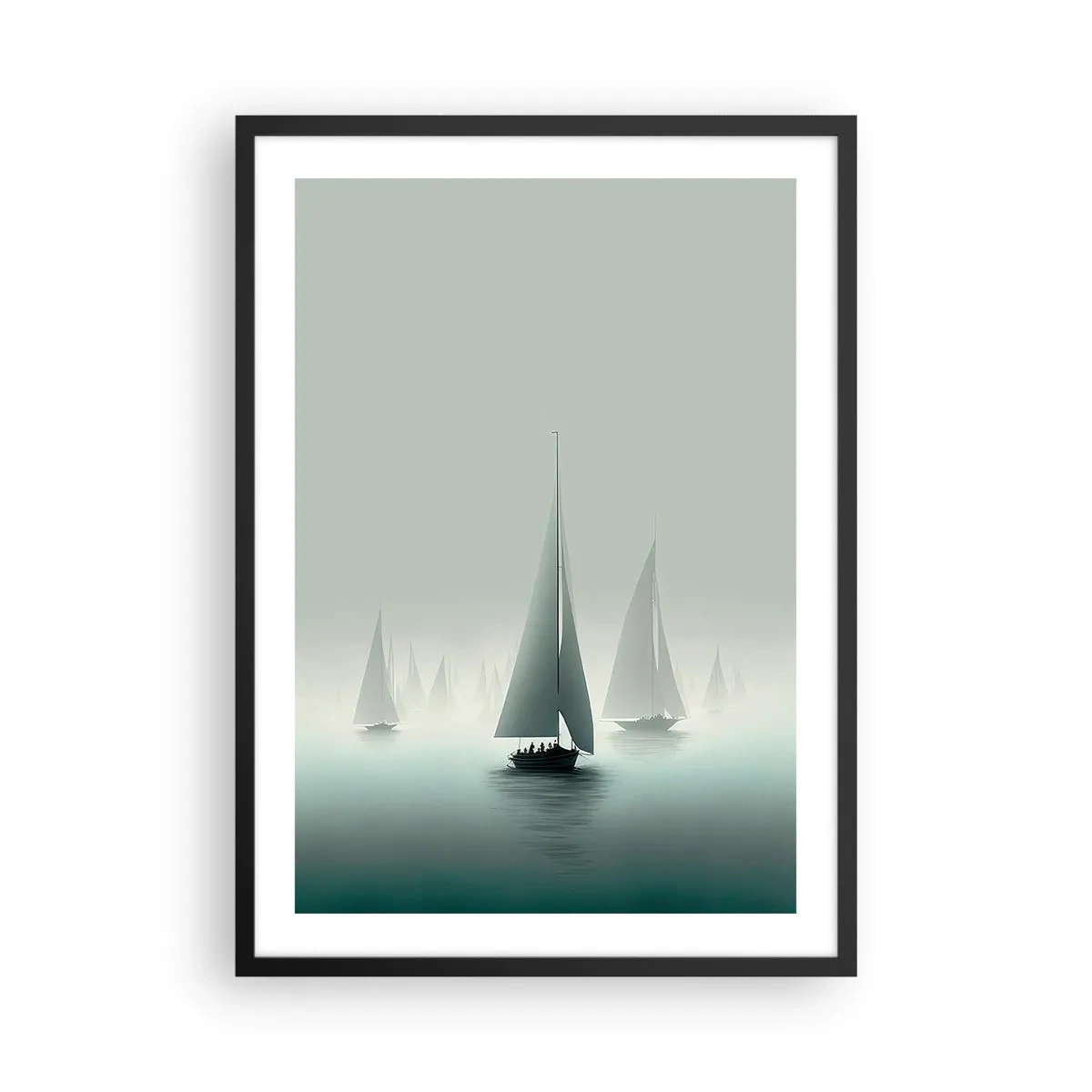 Poster în ramă neagră - Un grup de bărci cu pânze navigând pe o mare încețoșată, înconjurat de ape calme. - 50x70cm - Create din ceață - Decorațiune modernă pentru perete pentru living și dormitor ARTTOR
