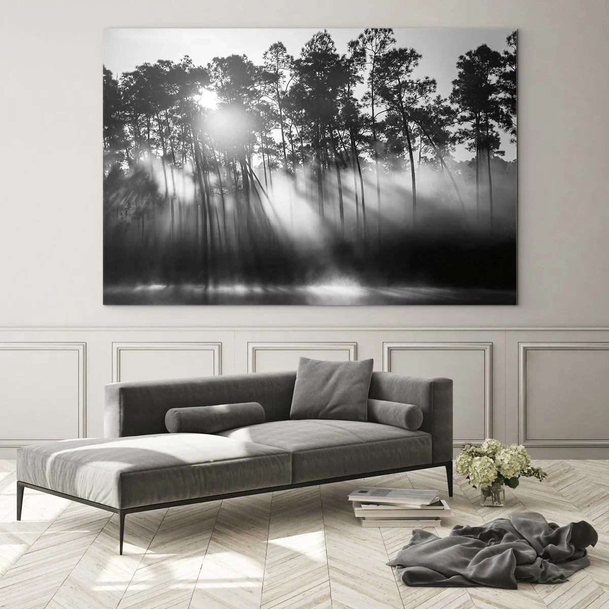 Tablou pe sticlă - Copaci alb-negru într-o pădure cu raze de soare în ceață - 70x50cm - Soare de neoprit - Decorațiune modernă pentru perete pentru living și dormitor ARTTOR
