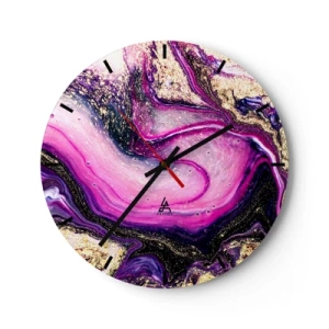 Ceas de perete - Ceas pe sticlă - Un model abstract în nuanțe de violet și auriu, cu un motiv învârtitor. - 30x30cm - Un moment în culise - Decorațiune modernă pentru perete pentru living, bucătărie și dormitor ARTTOR