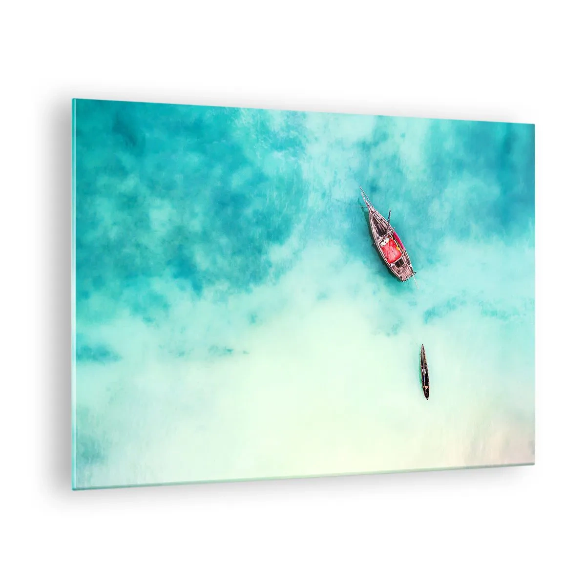 Tablou pe sticlă - Bărci pe ape azurii într-un cadru liniștit - 70x50cm - Pe plajele din Zanzibar, când apele în exces... - Decorațiune modernă pentru perete pentru living și dormitor ARTTOR