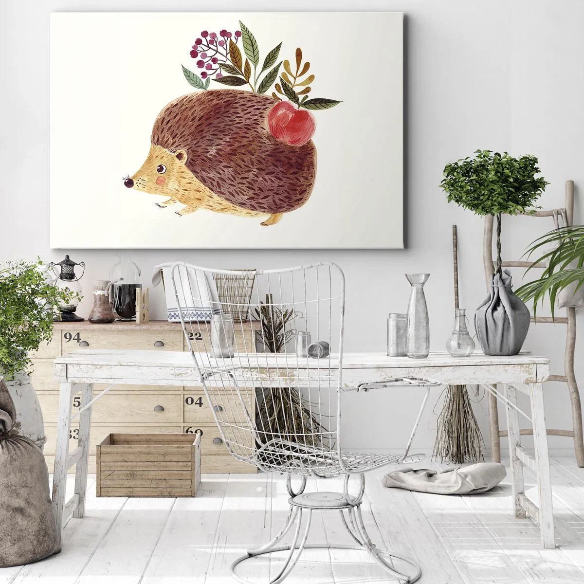 Tablou pe pânză Canvas - Un arici drăguț cu un măr și plante într-un stil ilustrativ - 70x50cm - Și tu deja mă placi - Decorațiune modernă pentru perete pentru living și dormitor ARTTOR