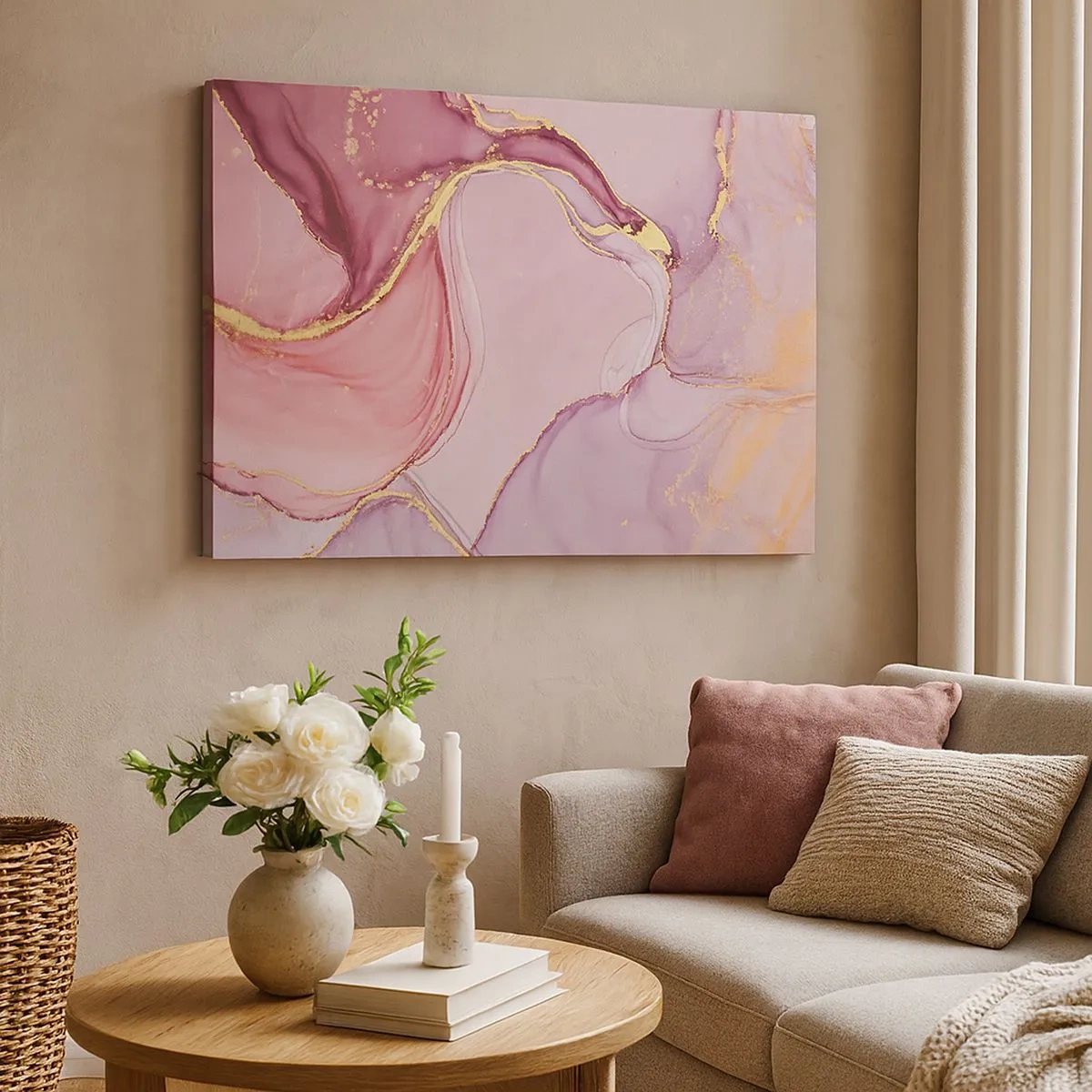 Tablou pe pânză Canvas - Modele abstracte delicate în nuanțe de roz și auriu - 70x50cm - O mângâiere de culoare - Decorațiune modernă pentru perete pentru living și dormitor ARTTOR