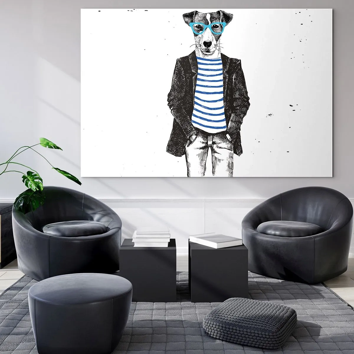Tablou pe sticlă - Ilustrație a unui câine purtând o cămașă de marinar și ochelari pe un fundal alb - 70x50cm - Câinele în dungi - Decorațiune modernă pentru perete pentru living și dormitor ARTTOR