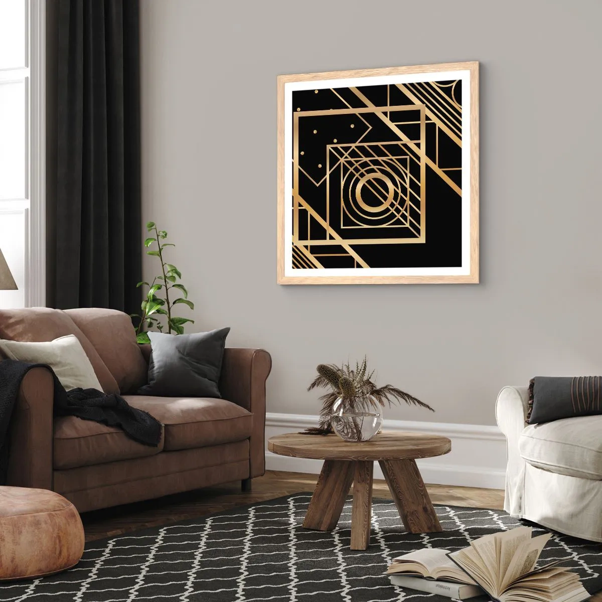 Poster în ramă de stejar deschis - Geometrie de aur - 50x50 cm