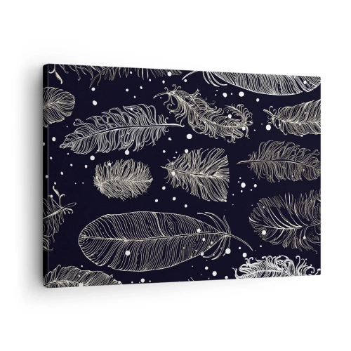 Tablou pe pânză Canvas - Pene albe delicate pe un fundal bleumarin - 70x50cm - Dantelă cu pene - Decorațiune modernă pentru perete pentru living și dormitor ARTTOR