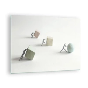 Tablou pe sticlă - Figurine miniaturale se rostogolesc și împing forme geometrice. - 70x50cm - Viața însăși - Decorațiune modernă pentru perete pentru living și dormitor ARTTOR