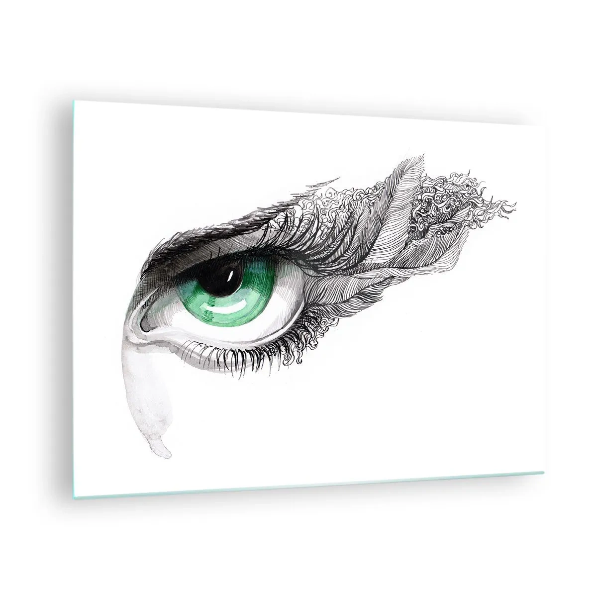 Tablou pe sticlă - Ochi verde cu detalii de pene și modele abstracte - 70x50cm - Frumoasă și gata de atac - Decorațiune modernă pentru perete pentru living și dormitor ARTTOR