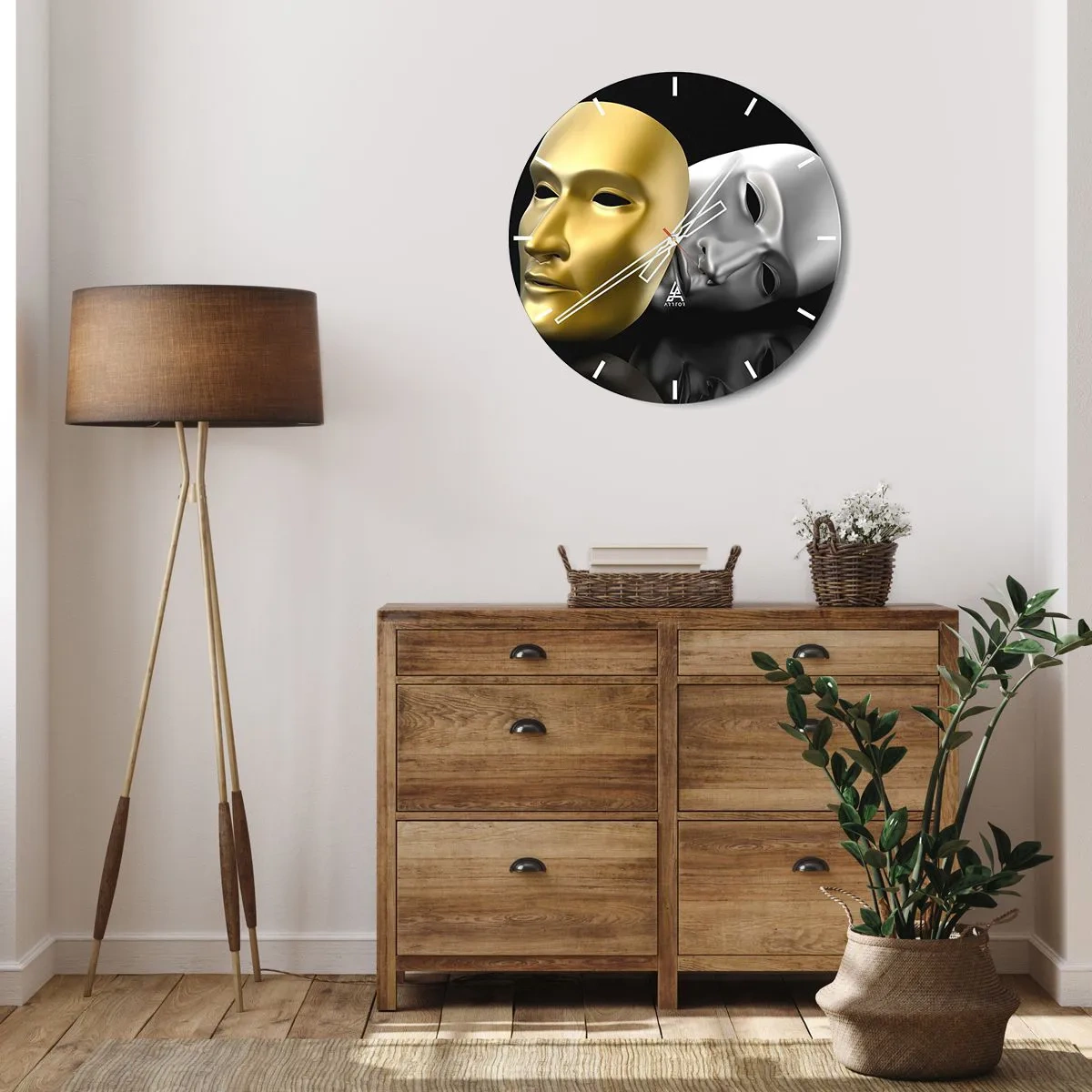 Ceas de perete - Ceas pe sticlă - Mască de teatru din aur și argint pe fundal negru - 30x30cm - Viața este teatru - Decorațiune modernă pentru perete pentru living, bucătărie și dormitor ARTTOR