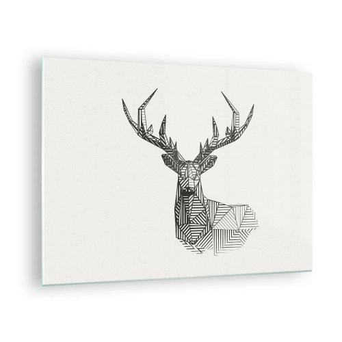 Tablou pe sticlă - Cerb cubist realizat din forme geometrice pe fundal alb - 70x50cm - Cerb în stil cubist - Decorațiune modernă pentru perete pentru living și dormitor ARTTOR