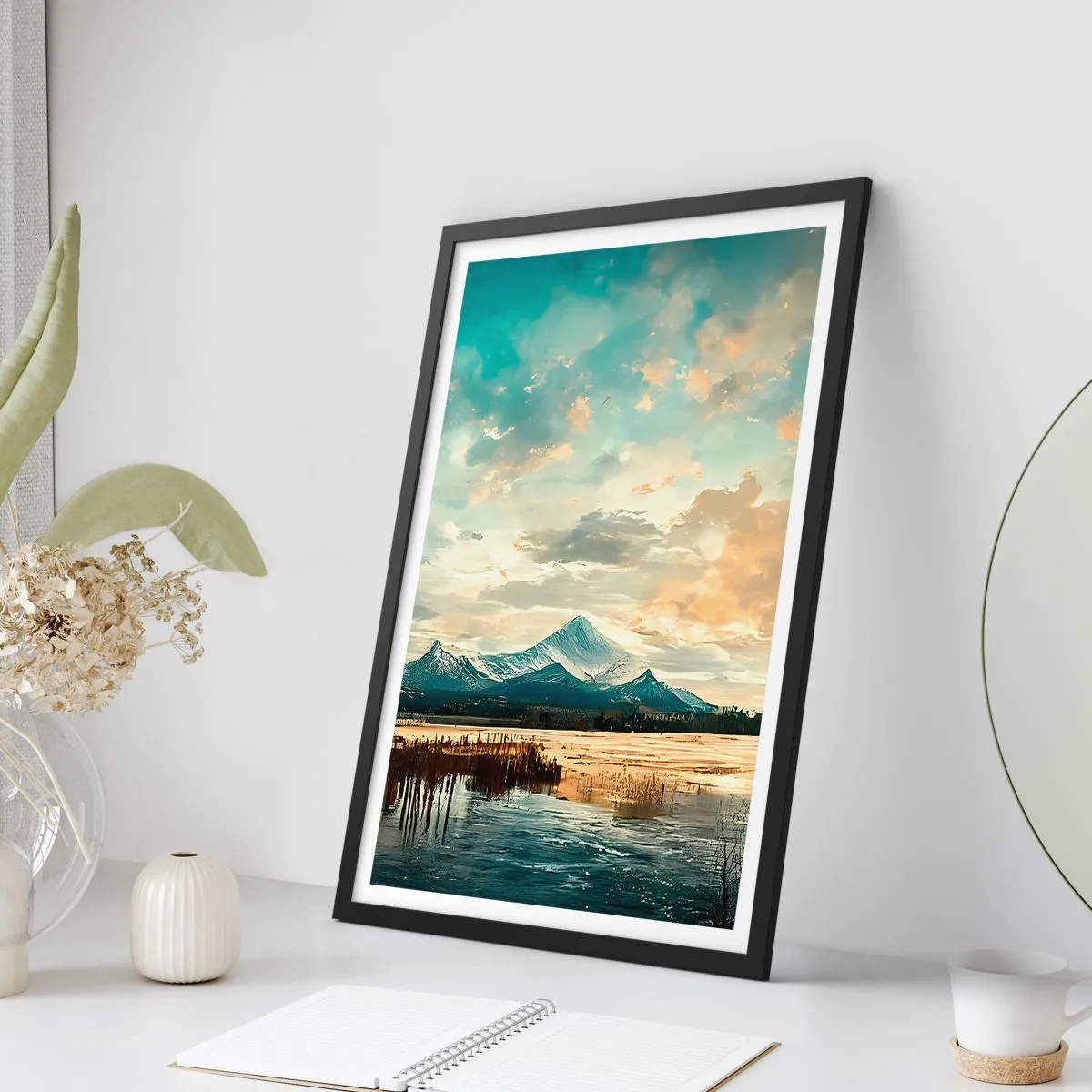 Poster în ramă neagră - Peisaj montan pitoresc la apus - 50x70cm - Sub protecția cerului - Decorațiune modernă pentru perete pentru living și dormitor ARTTOR