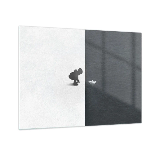 Tablou pe sticlă - Silueta unui copil care lansează o barcă de hârtie în apă - 70x50cm - Marea expediție - Decorațiune modernă pentru perete pentru living și dormitor ARTTOR