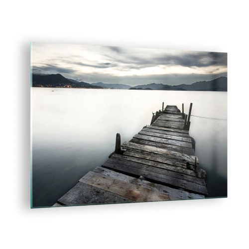 Tablou pe sticlă - Un debarcader din lemn pe fundalul unui lac liniștit la amurg - 70x50cm - Scufundă-te în pace - Decorațiune modernă pentru perete pentru living și dormitor ARTTOR