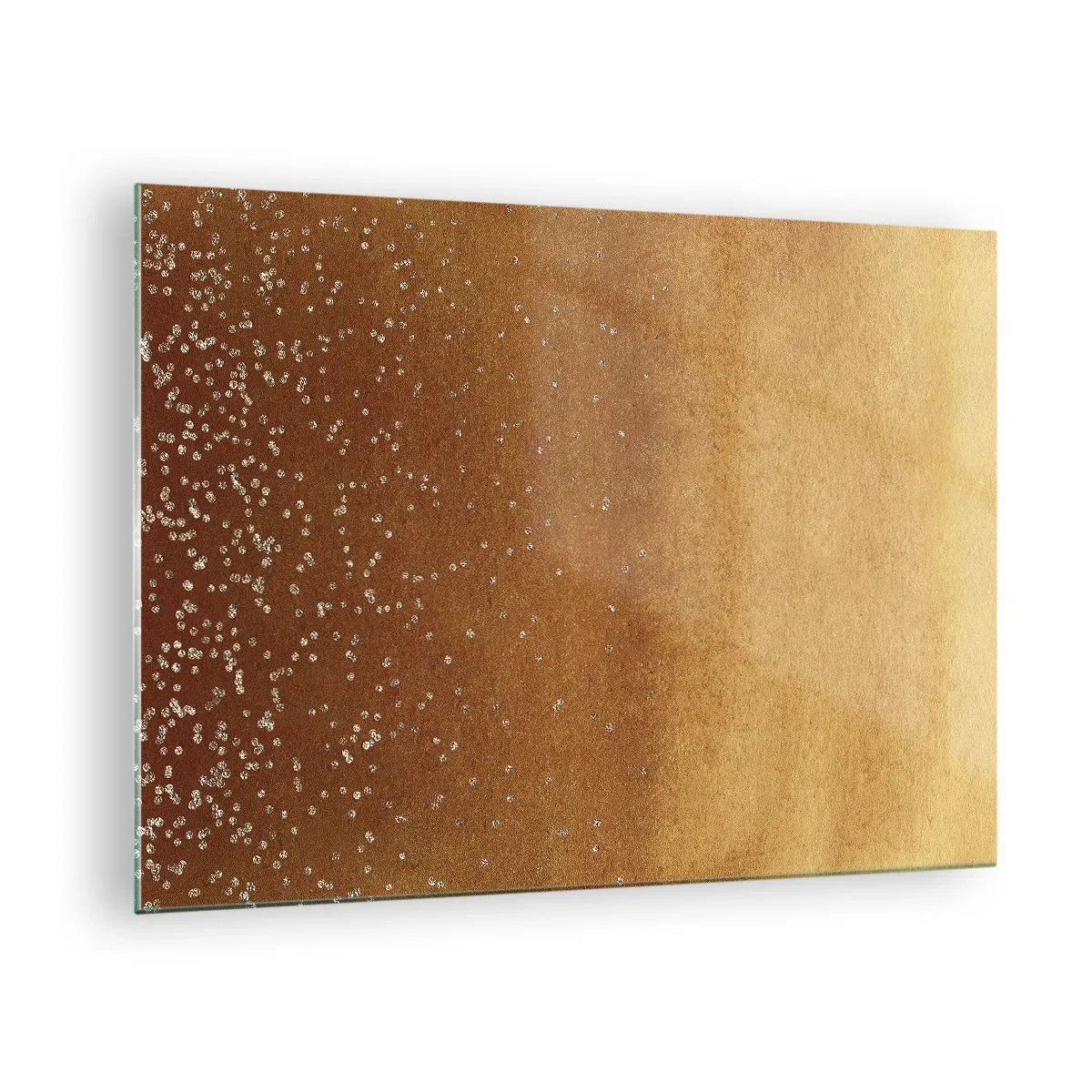 Tablou pe sticlă - Model abstract auriu cu reflexii fine - 70x50cm - Nașterea luminii - Decorațiune modernă pentru perete pentru living și dormitor ARTTOR