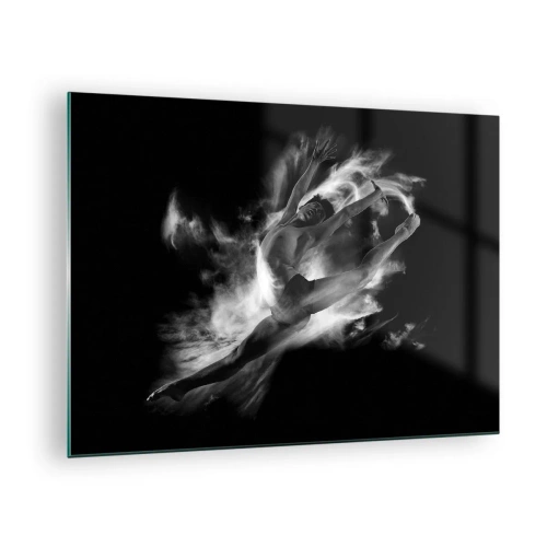 Tablou pe sticlă - Siluetă alb-negru a unui dansator în mișcare dinamică - 70x50cm - Oprit în zbor - Decorațiune modernă pentru perete pentru living și dormitor ARTTOR