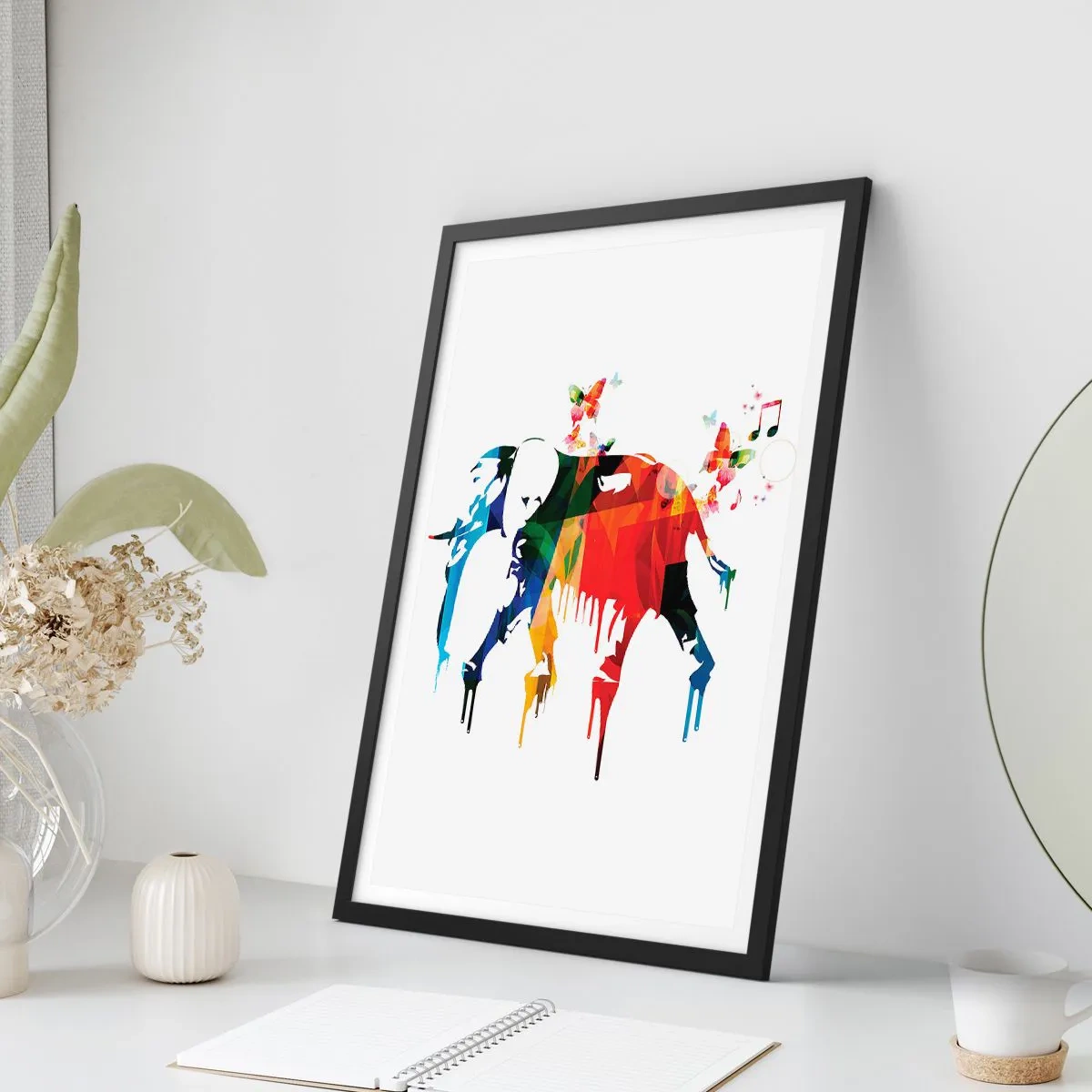 Poster în ramă neagră - Elefant abstract colorat cu motive muzicale - 50x70cm - Toată lumea poate dansa - Decorațiune modernă pentru perete pentru living și dormitor ARTTOR